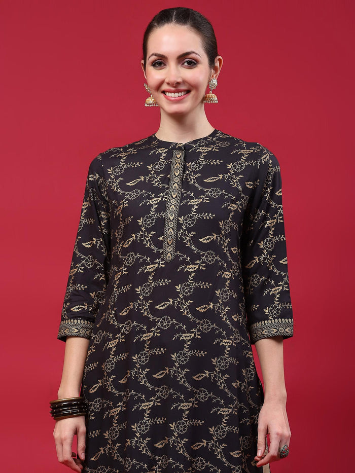 Women Black Floral Printed Kurta.