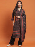 Women Black Geometric Print Kurta Comfort Pant Dupatta.