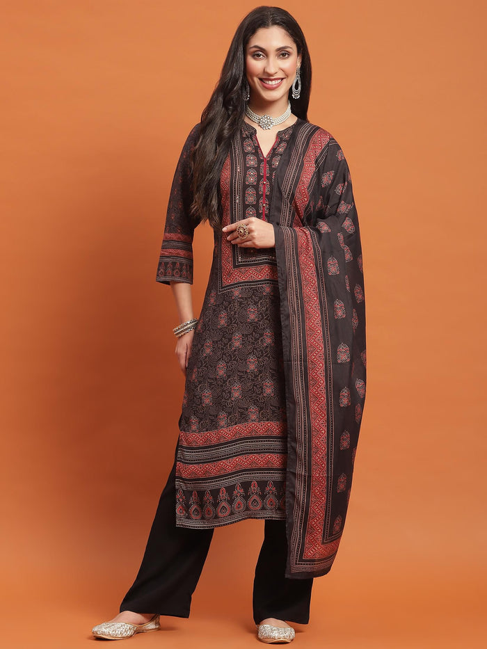 Women Black Geometric Print Kurta Comfort Pant Dupatta.