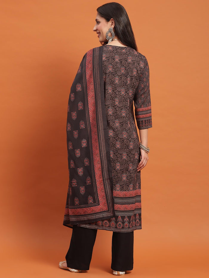 Women Black Geometric Print Kurta Comfort Pant Dupatta.