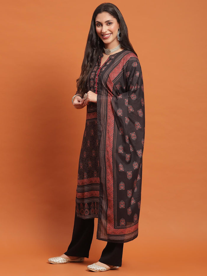 Women Black Geometric Print Kurta Comfort Pant Dupatta.