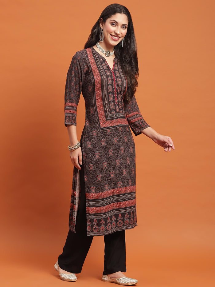Women Black Geometric Print Kurta Comfort Pant Dupatta.