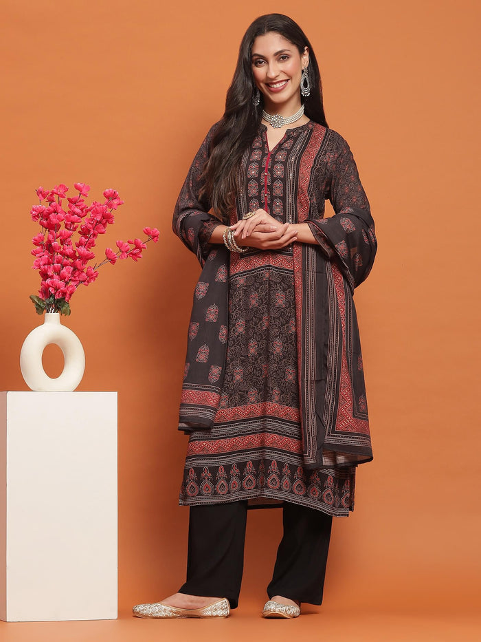 Women Black Geometric Print Kurta Comfort Pant Dupatta.