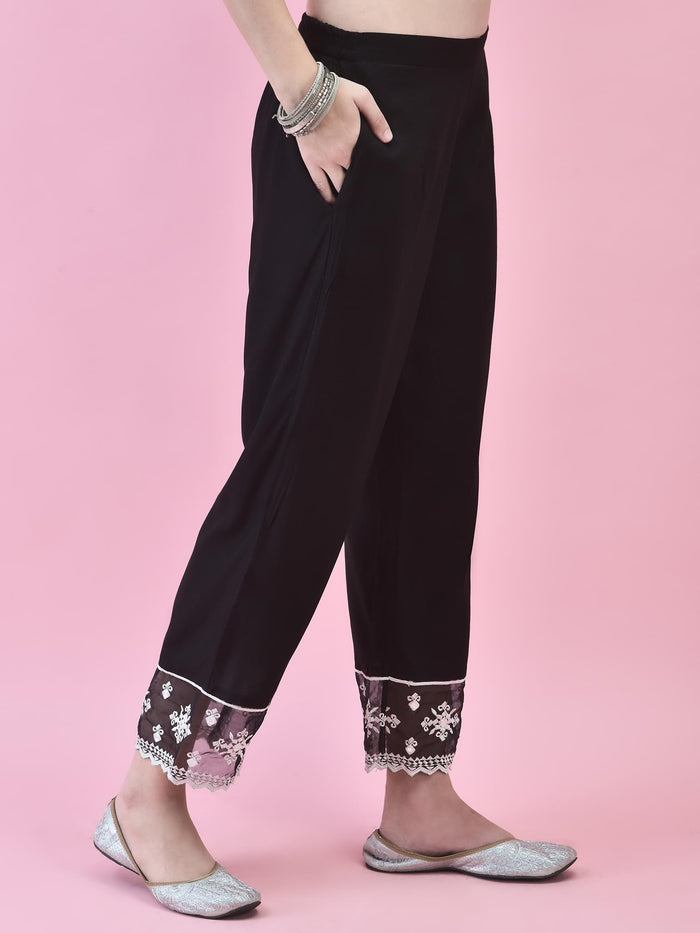 Women Black Liva Rayon Kurta Comfort Pant Dupatta.