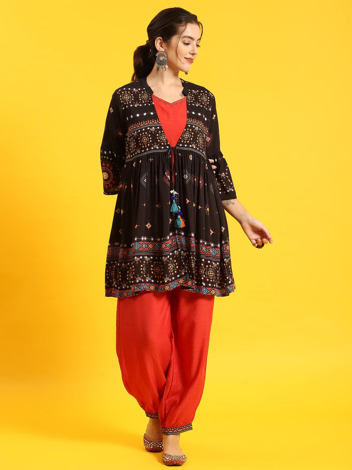 Women Black Printed Kurta Jacket Harem Pant.