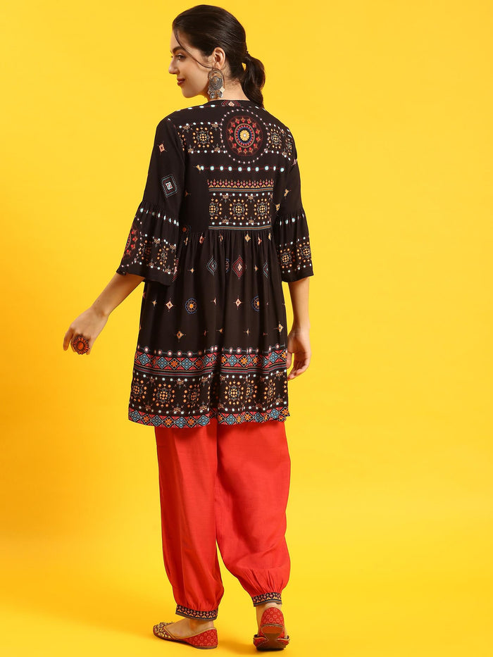 Women Black Printed Kurta Jacket Harem Pant.