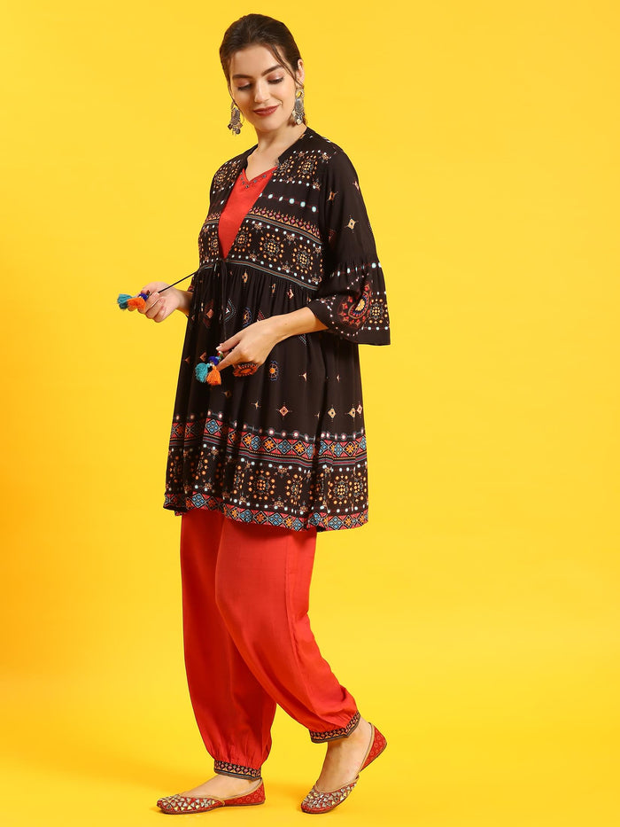 Women Black Printed Kurta Jacket Harem Pant.
