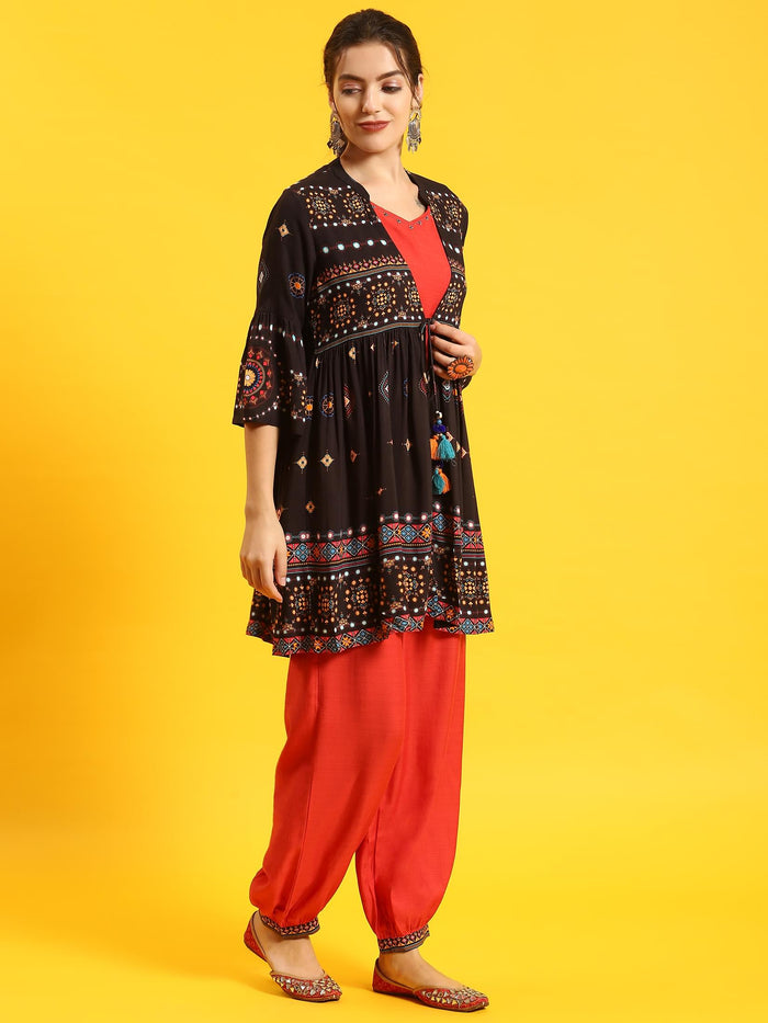 Women Black Printed Kurta Jacket Harem Pant.