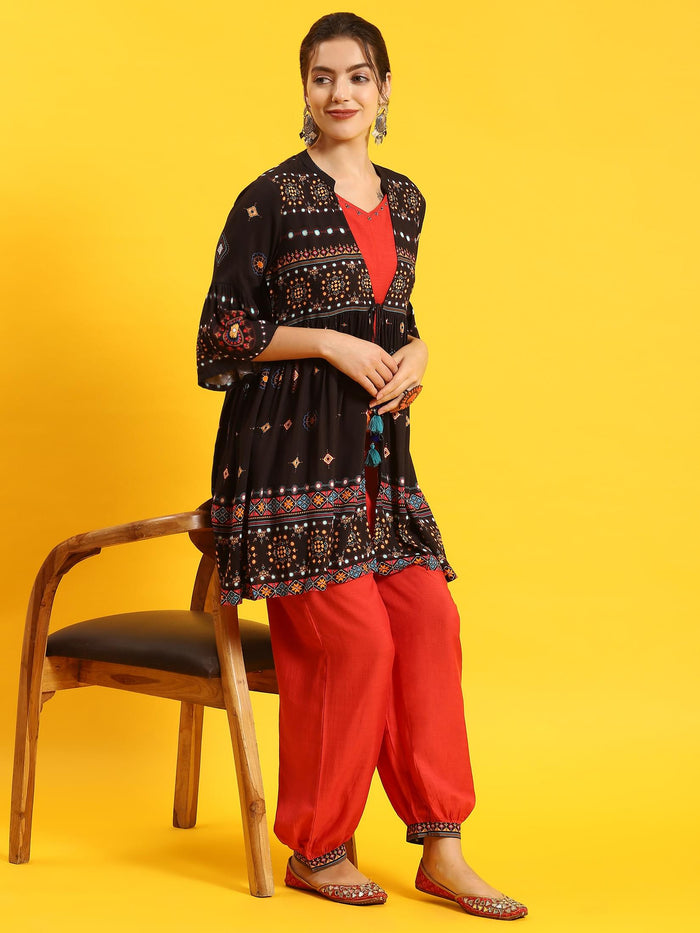 Women Black Printed Kurta Jacket Harem Pant.