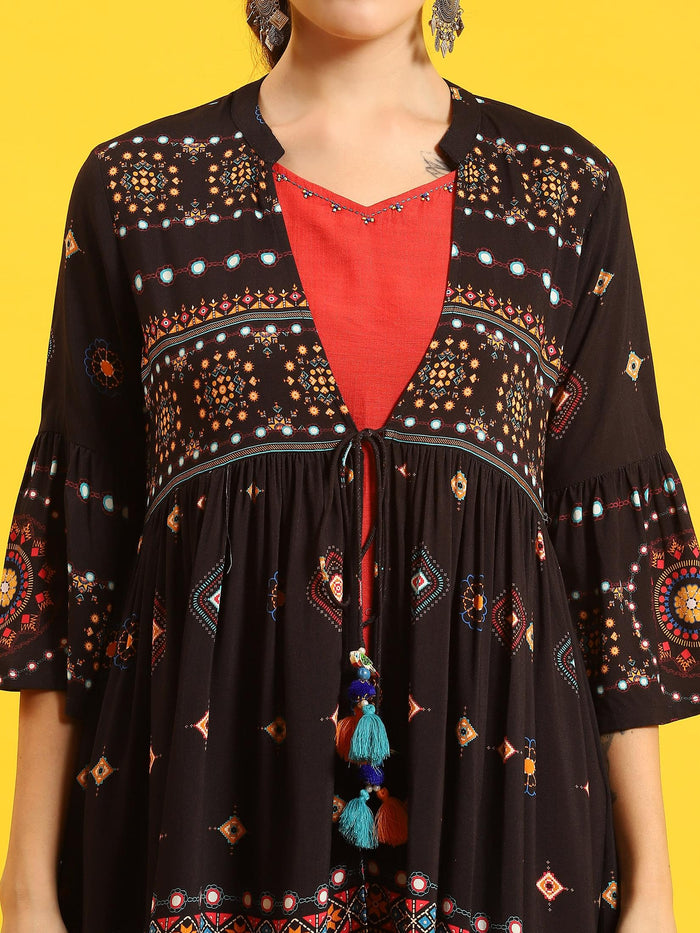 Women Black Printed Kurta Jacket Harem Pant.