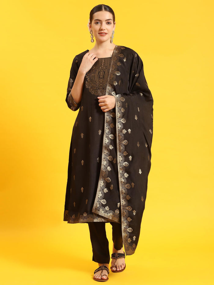 Women Black Printed Kurta Trouser Dupatta.