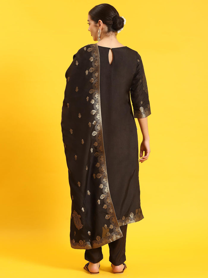 Women Black Printed Kurta Trouser Dupatta.