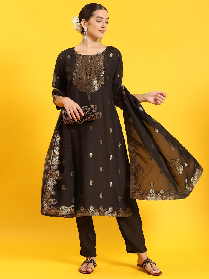 Women Black Printed Kurta Trouser Dupatta.