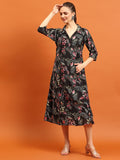 Women Black Shirt Collar Printed Dress.