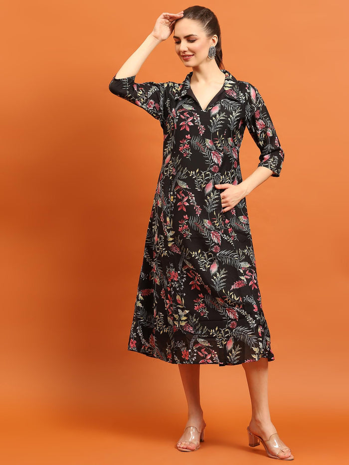 Women Black Shirt Collar Printed Dress.
