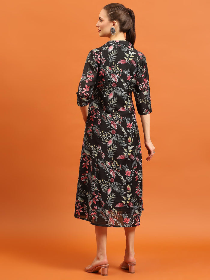 Women Black Shirt Collar Printed Dress.