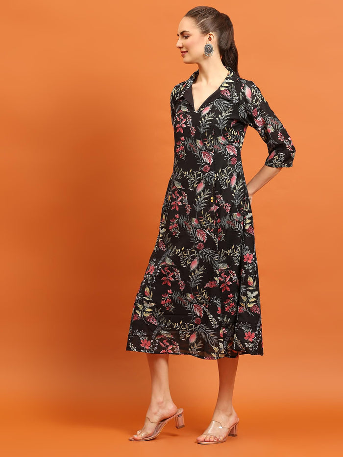 Women Black Shirt Collar Printed Dress.