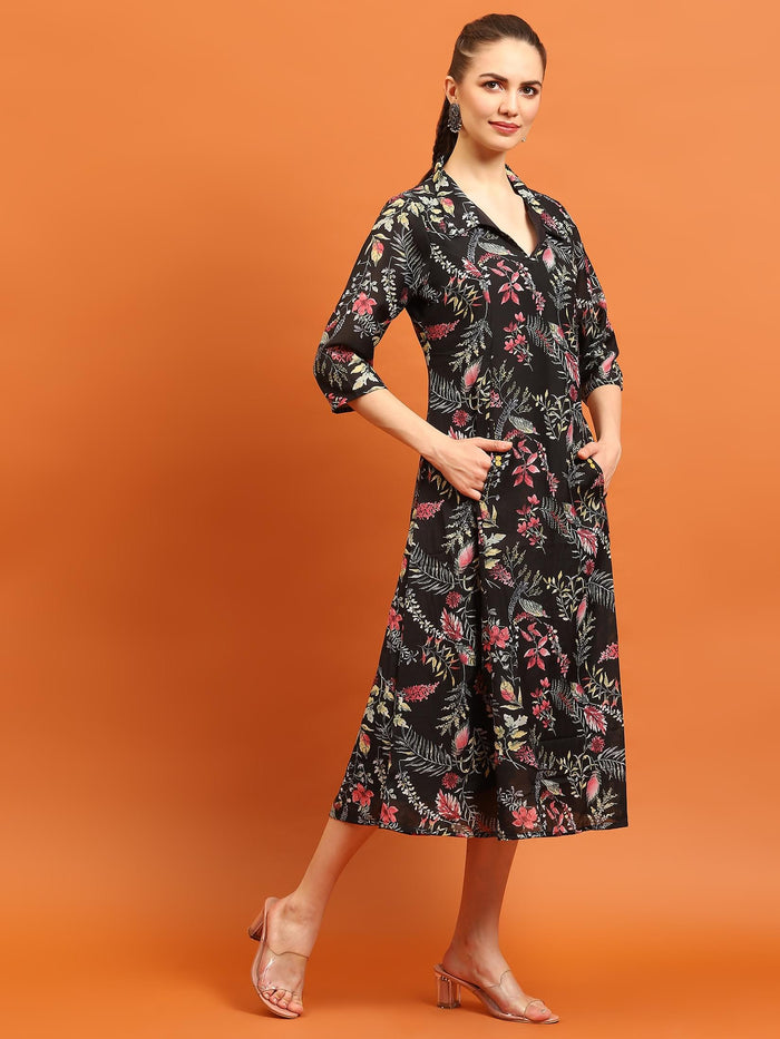 Women Black Shirt Collar Printed Dress.