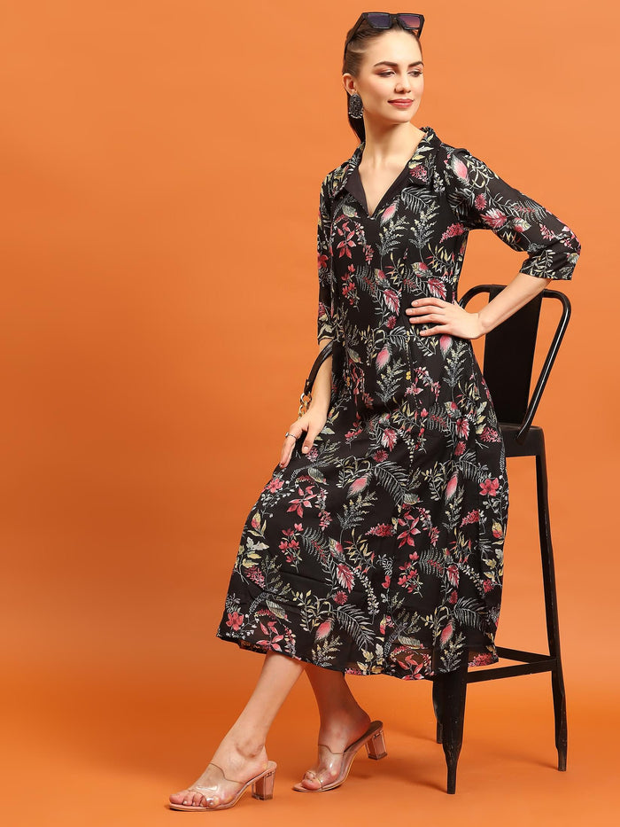 Women Black Shirt Collar Printed Dress.