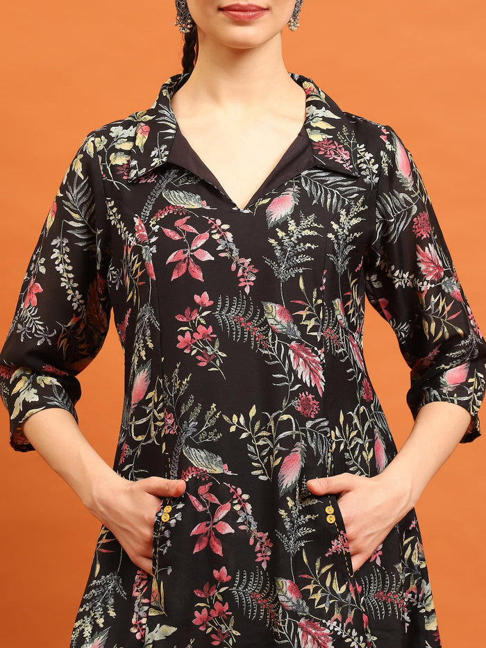 Women Black Shirt Collar Printed Dress.