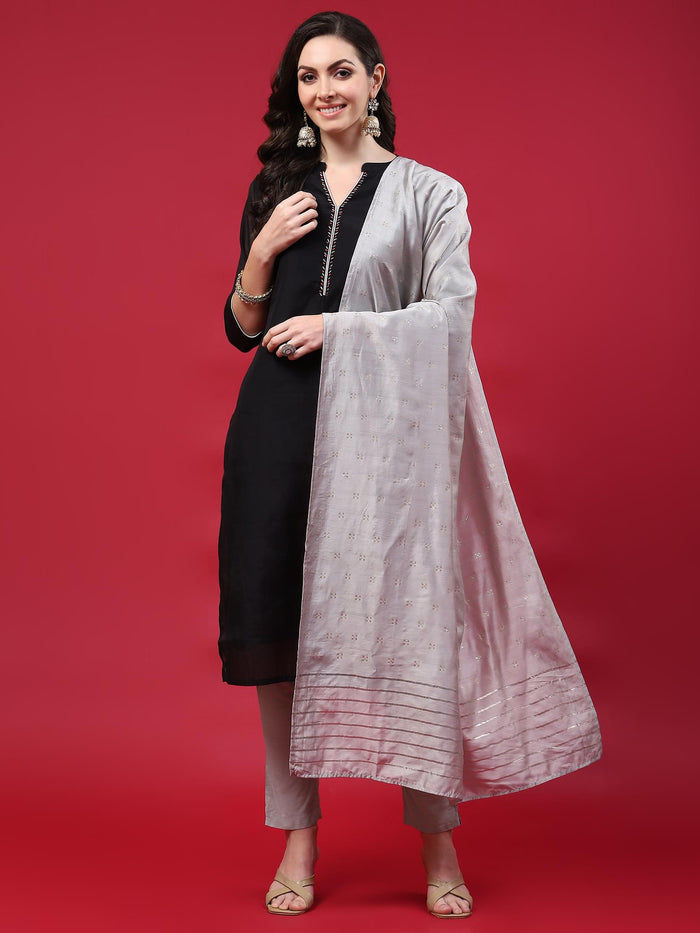 Women Black Solid Kurta Trouser Dupatta.