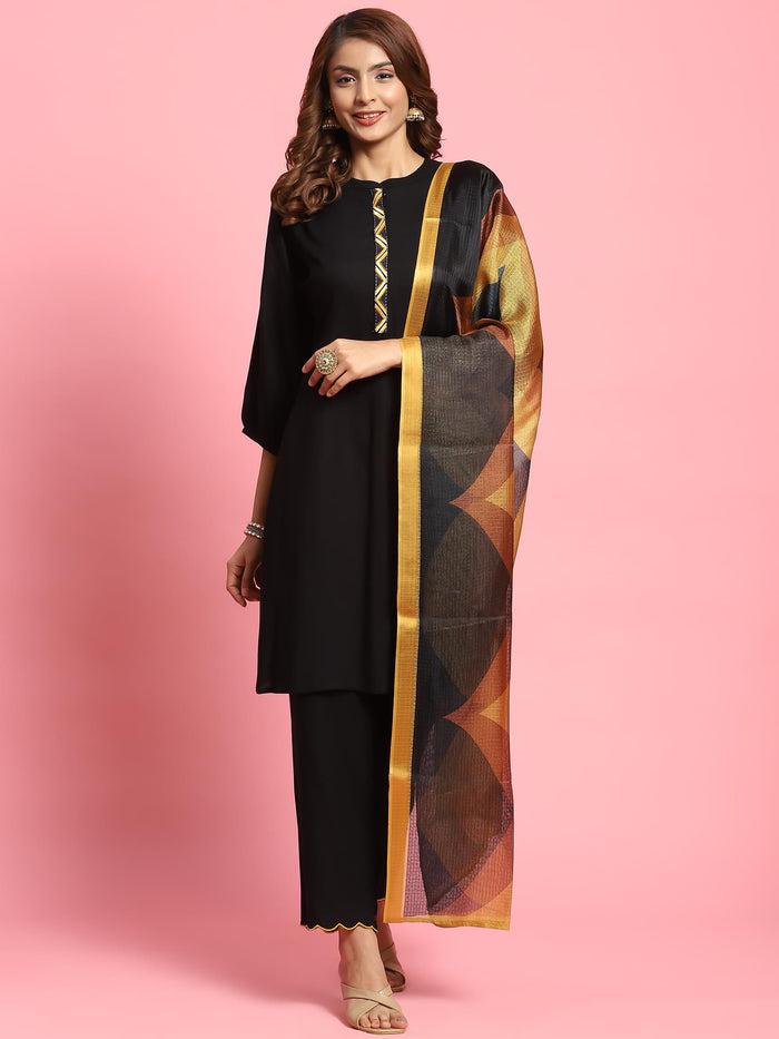 Women Black Solid Kurta Trouser Dupatta.