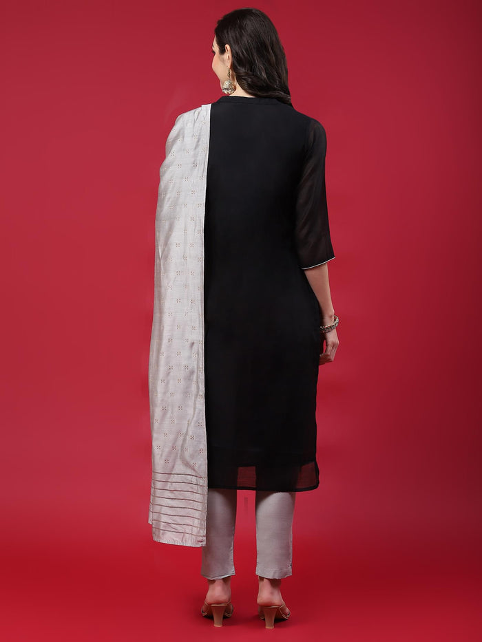 Women Black Solid Kurta Trouser Dupatta.