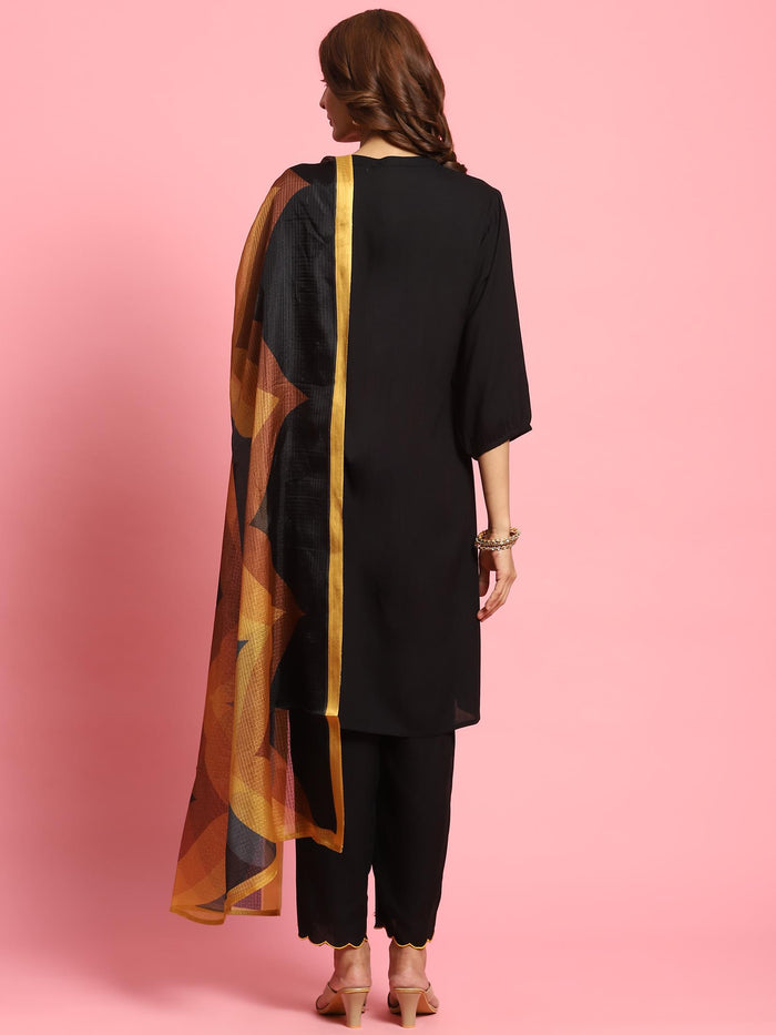 Women Black Solid Kurta Trouser Dupatta.