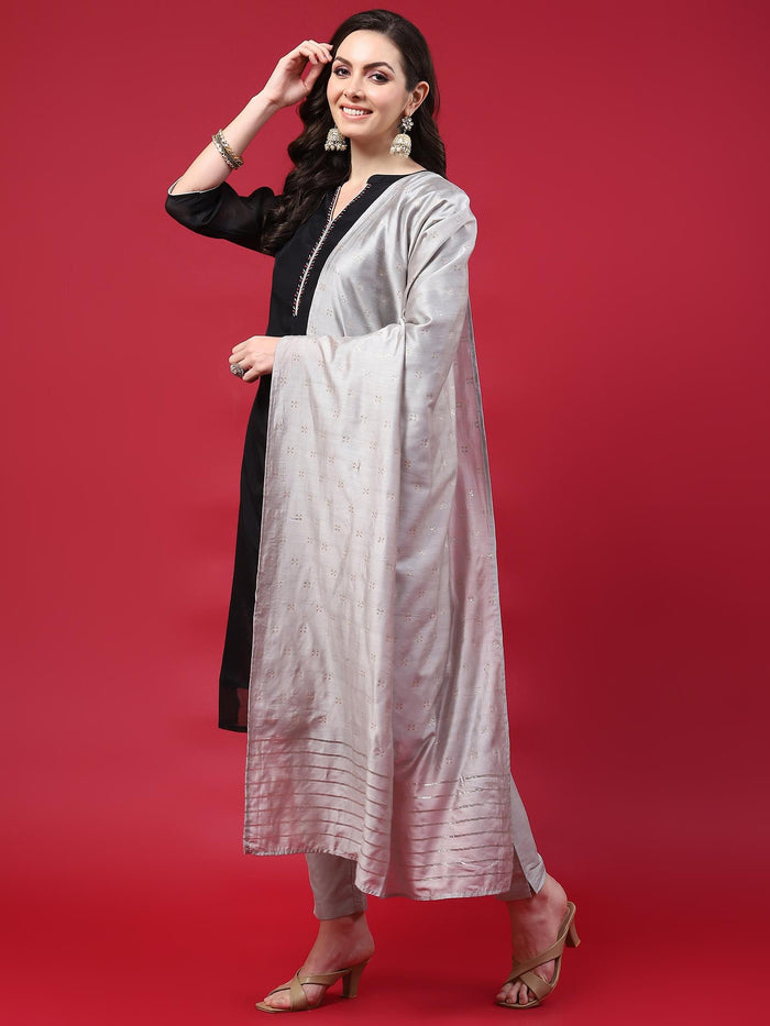 Women Black Solid Kurta Trouser Dupatta.