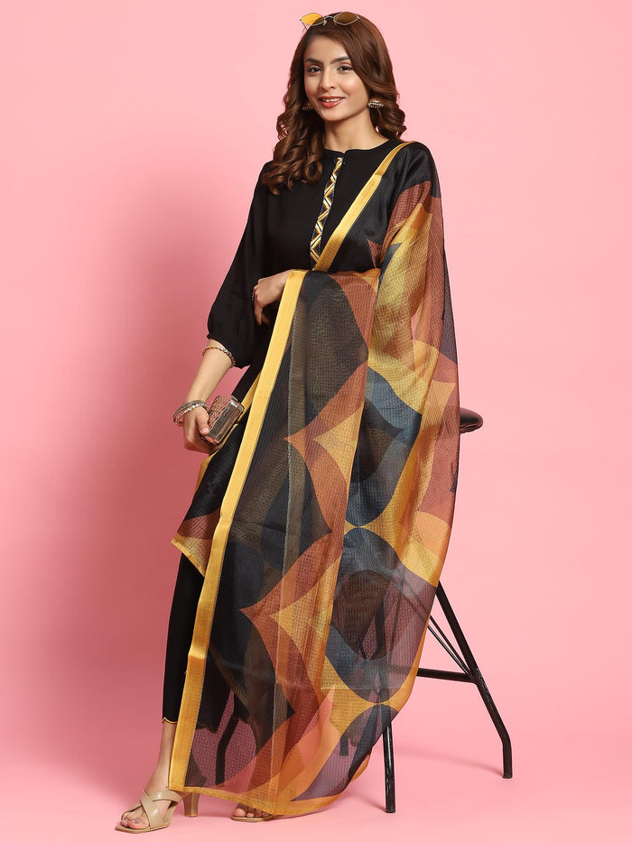 Women Black Solid Kurta Trouser Dupatta.