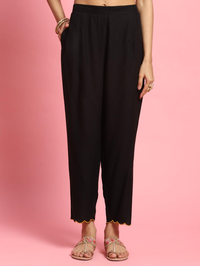 Women Black Solid Kurta Trouser Dupatta.