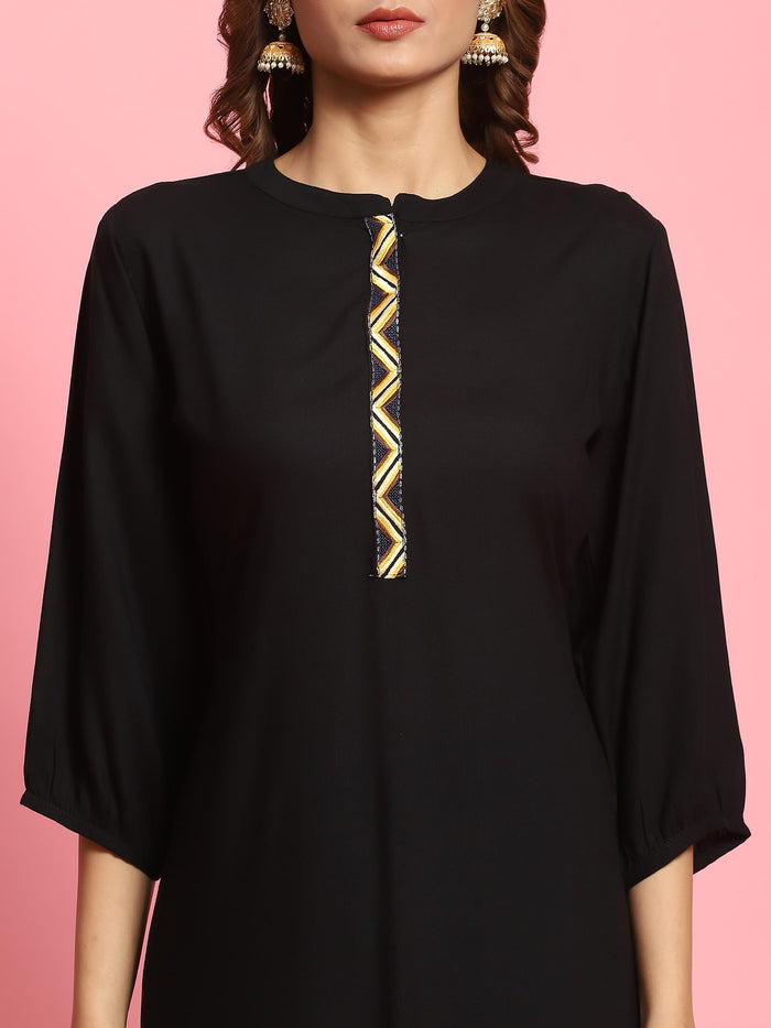 Women Black Solid Kurta Trouser Dupatta.
