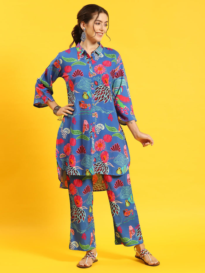 Women Blue Abstract Print Co-Ord Set.