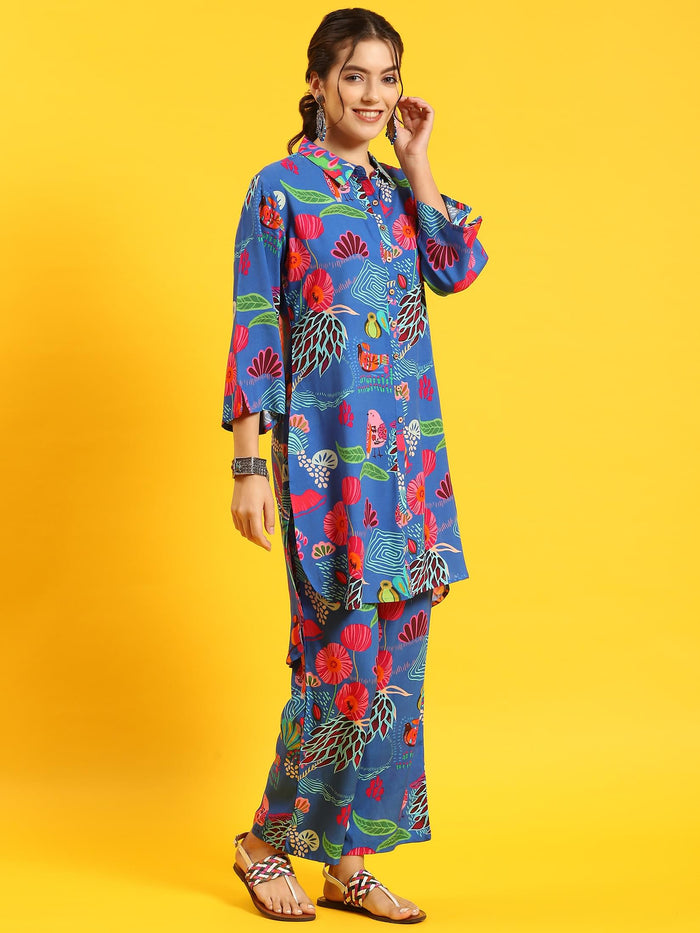 Women Blue Abstract Print Co-Ord Set.