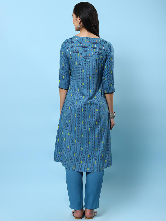 Women Blue Aztec Printed Kurta With Trouser.