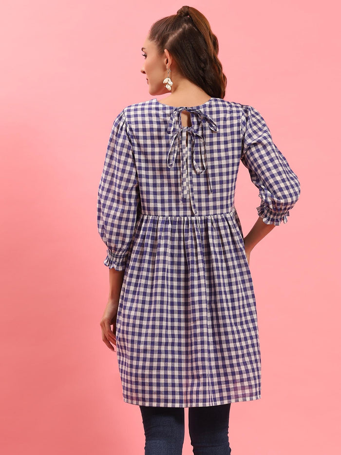 Women Blue Checked Short Dress.