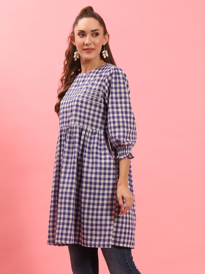 Women Blue Checked Short Dress.