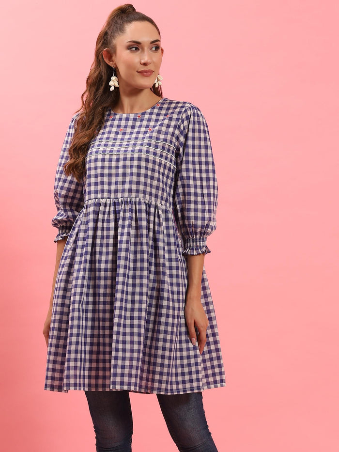 Women Blue Checked Short Dress.