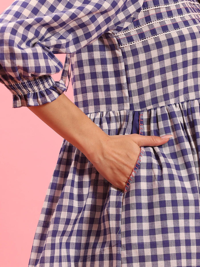 Women Blue Checked Short Dress.