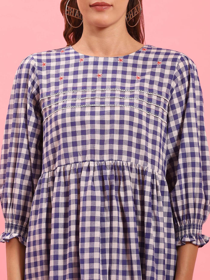 Women Blue Checked Short Dress.