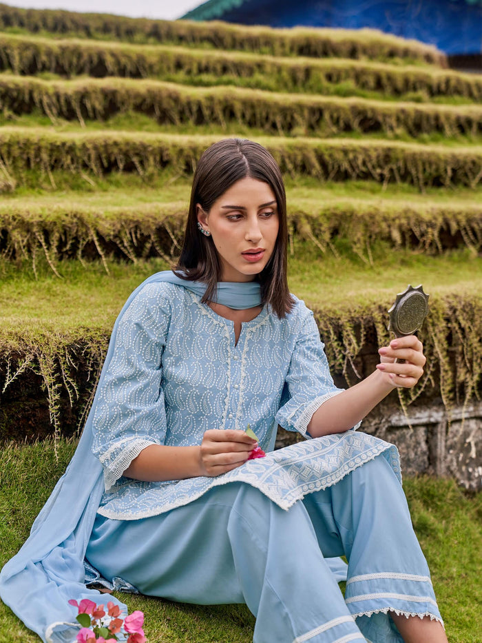 Women Blue Embroidered Kurta Comfort Pant Dupatta.