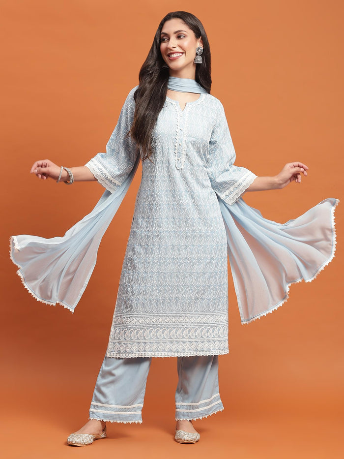Women Blue Embroidered Kurta Comfort Pant Dupatta.