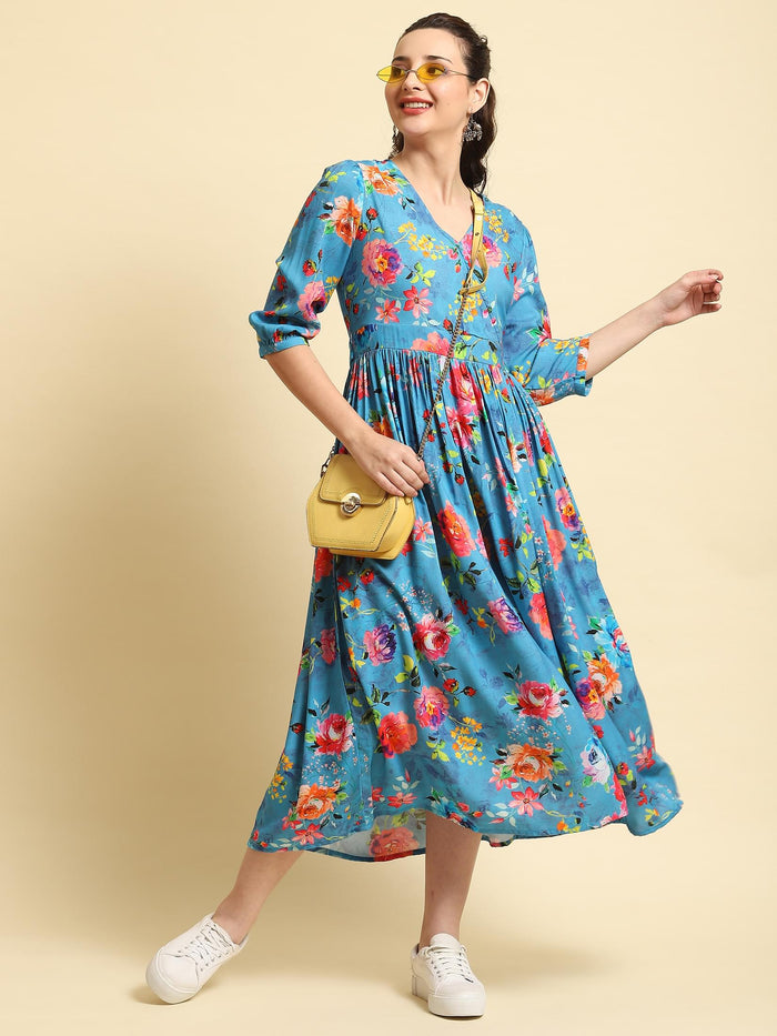 Women Blue Fit And Flare Dress.