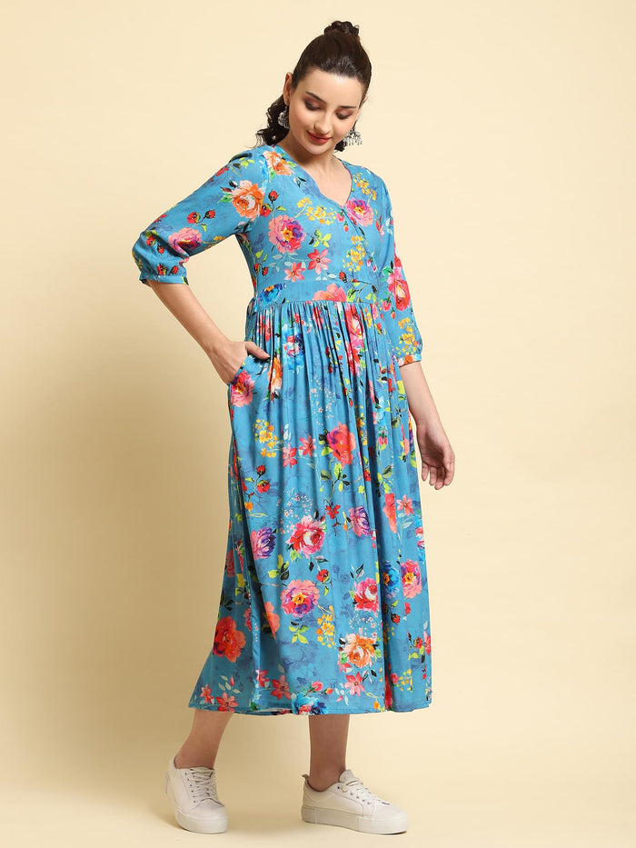 Women Blue Fit And Flare Dress.