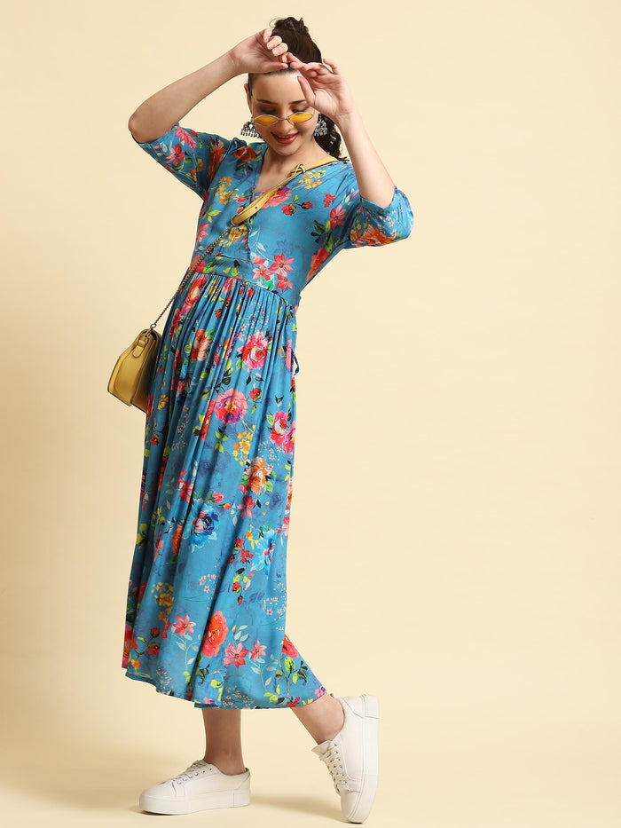 Women Blue Fit And Flare Dress.