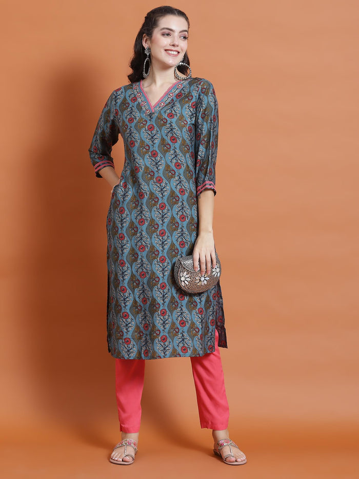 Women Blue Floral Print Kurta.