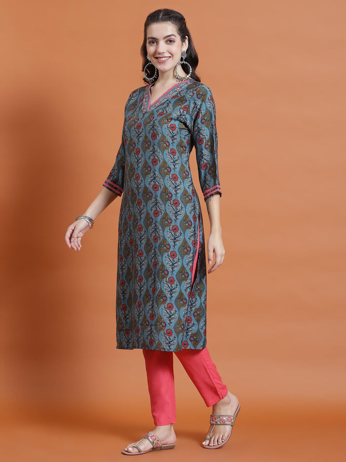 Women Blue Floral Print Kurta.