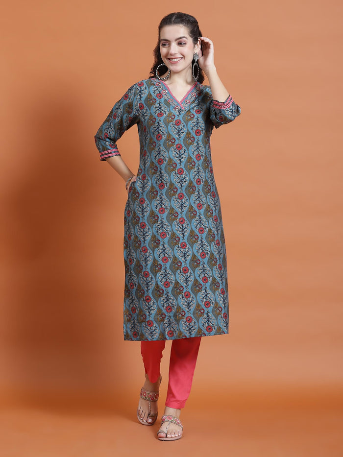 Women Blue Floral Print Kurta.