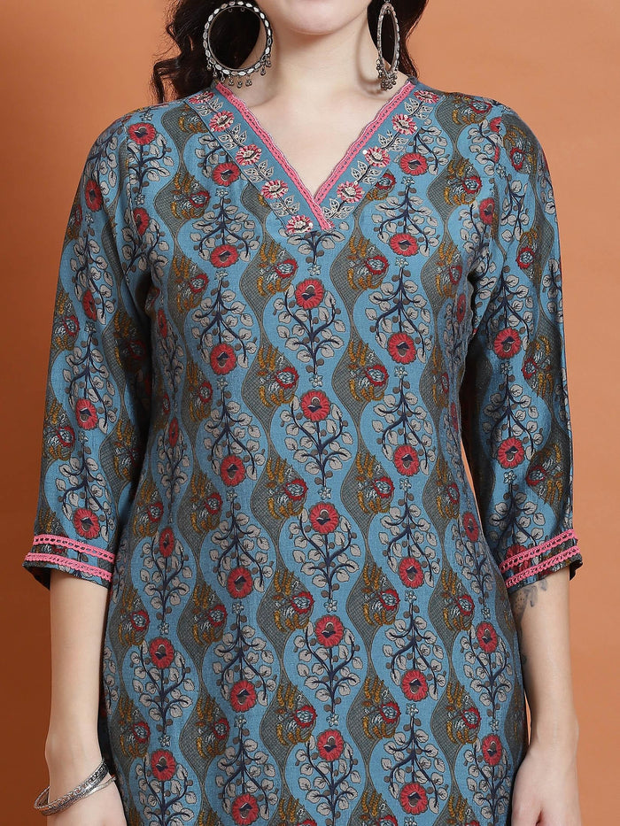 Women Blue Floral Print Kurta.