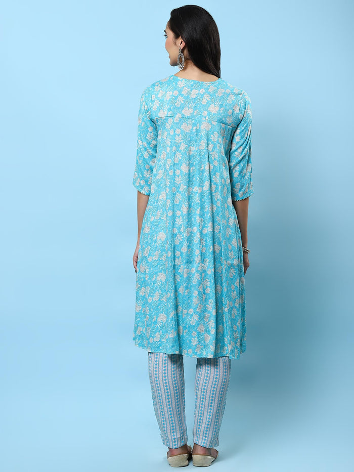 Women Blue Floral Printed Kurta With Trouser.